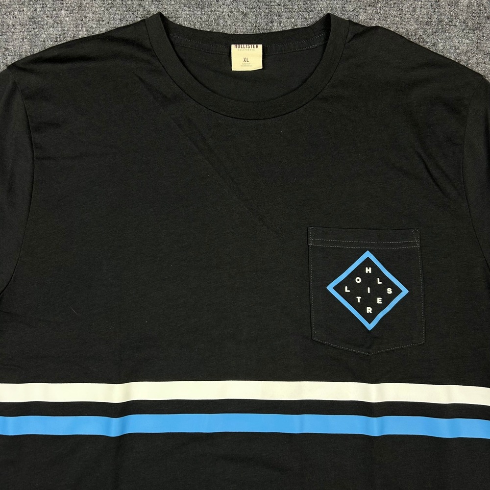 Hollister Graphic Pocket Tee Women XL Black Blue Stripe Surf Casual Short Sleeve